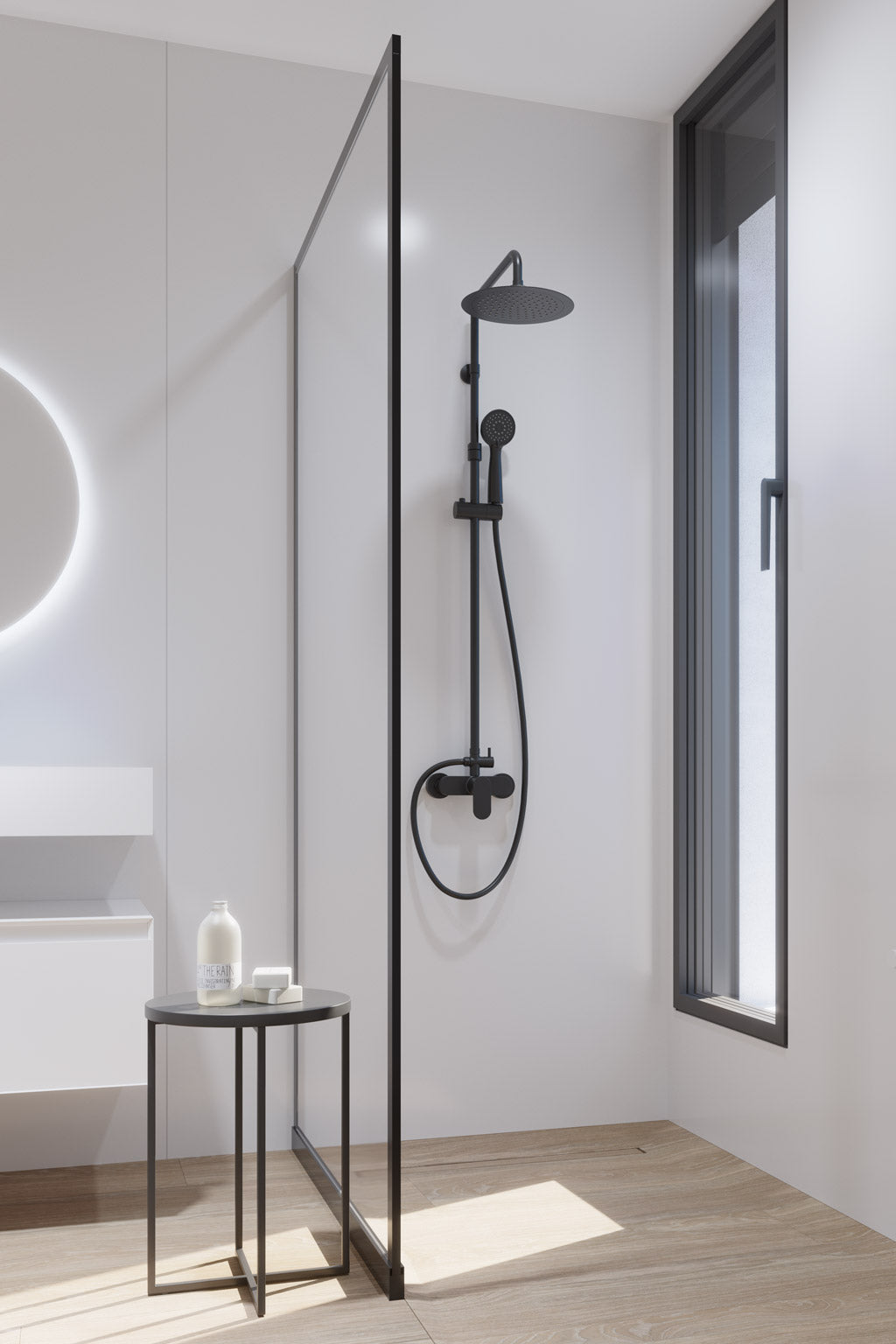 Душ колона NHIL Matt Black - Aquagrif в елегантна матова черна баня, телескопична 72-120см, ABS пита Ф24см, онлайн магазин KERANOVA