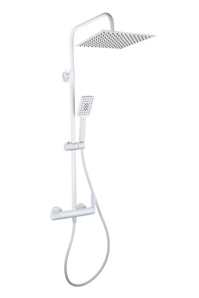 Душ колона Alpha Matt White - Aquagrif бял матов комплект с 25x25 см метална душ пита, ръчен душ и телескопична тръба - онлайн магазин KERANOVA