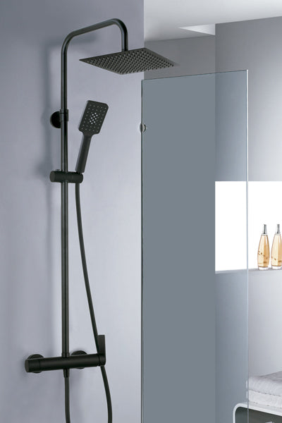 Душ колона Alpha Matt Black - Aquagrif матов черен, телескопична 95-150 см, месинг смесител, 25x25 см душ пита, ръчен душ - KERANOVA