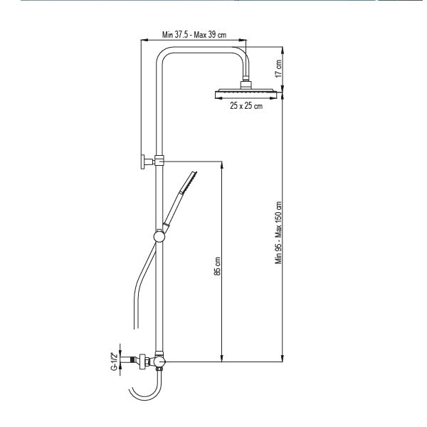 Душ колона Alpha Matt Black - Aquagrif, технически чертеж с размери, матиран черен, метална пита 25x25 см, телескопична 95-150 см