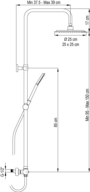 Душ колона Nite Satin Nickel - Aquagrif с метална душ пита 25x25 см, телескопична височина 95-150 см, ръчен душ и месингов смесител