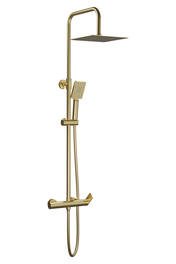 Душ колона Nite Brushed Gold - Aquagrif: златиста телескопична душ колона 95-150 см, месингов смесител, 25x25 см метална пита, ръчен душ и шлаух - KERANOVA