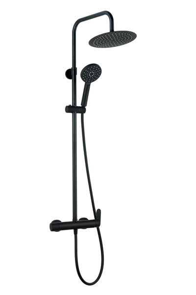 Душ колона Beta Matt Black - Aquagrif, матов черен комплект с телескопична стойка, хоризонтална душ пита Ø25 см и ръчен душ за онлайн магазин KERANOVA
