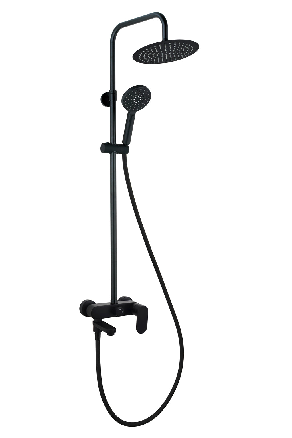 Душ колона с чучур Wind Blu Round Matt Black - Aquagrif, матов черен, телескопична 95-150 см, душ пита Ф25 см, ръчен душ - KERANOVA