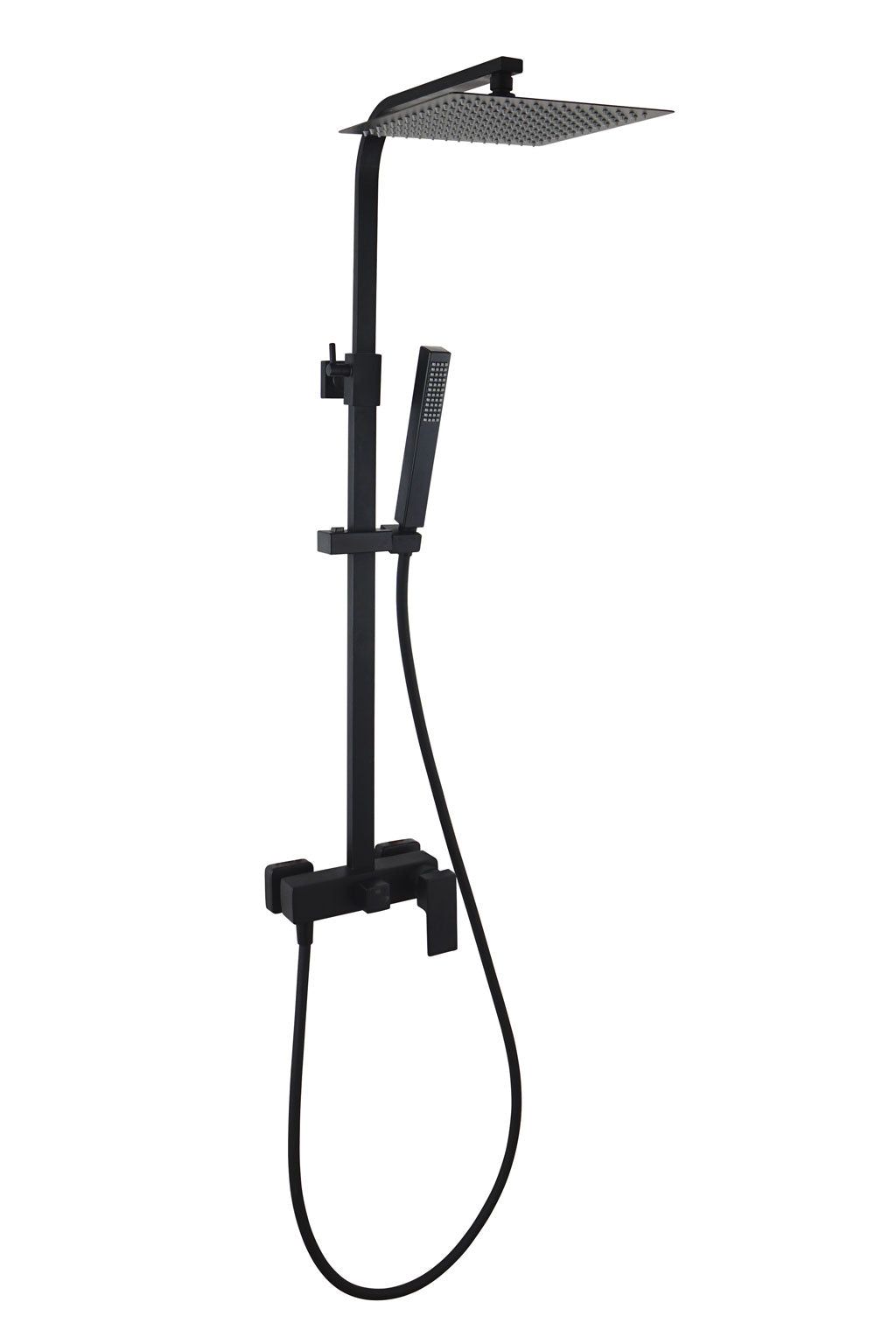 Душ колона Bold Matt Black - Aquagrif матов черен с голяма 25x25 см метална пита, ръчен душ, телескопична 78-143 см за баня KERANOVA