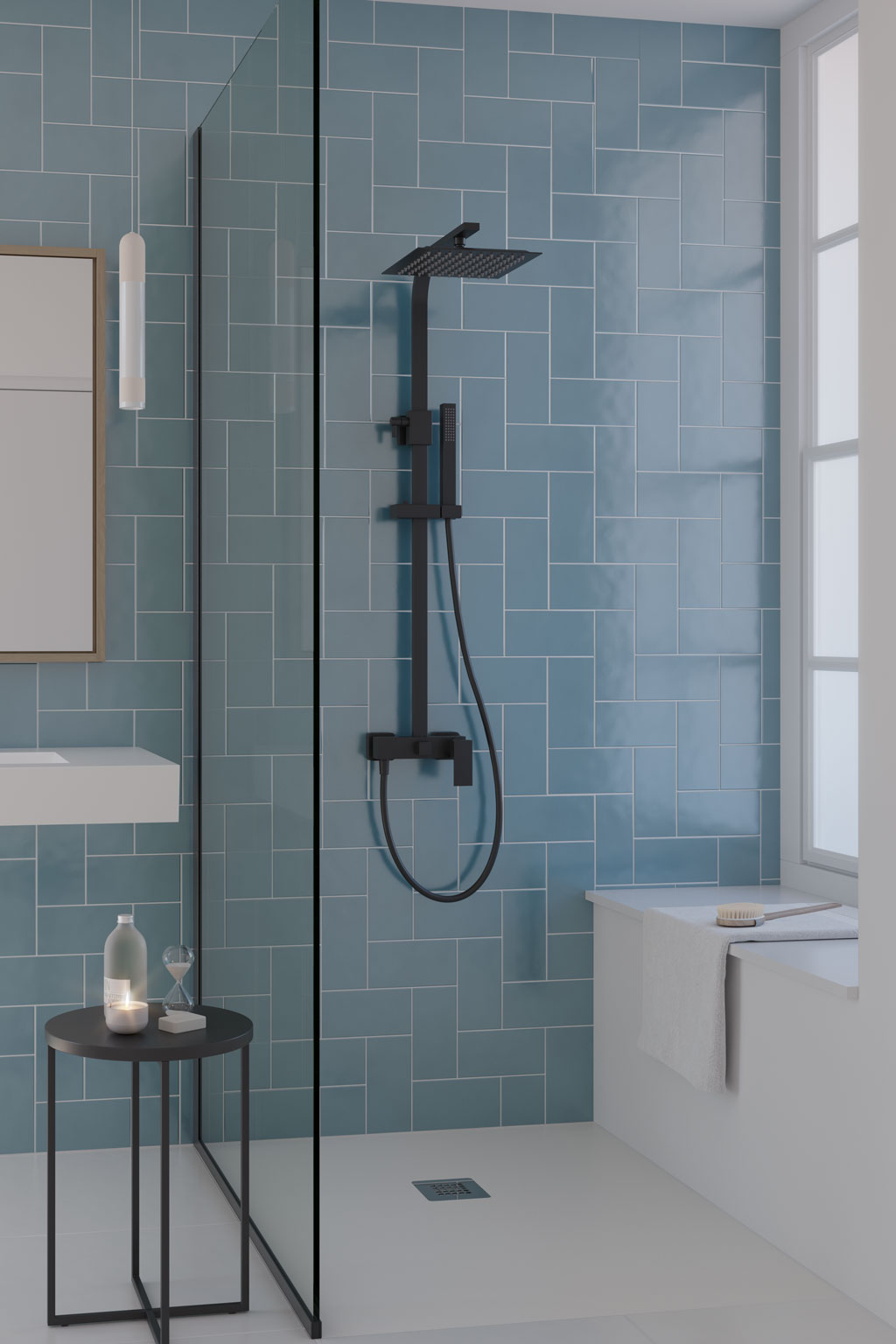 Душ колона Bold Matt Black - Aquagrif в модерна баня, матово черна душ колона с квадратна пита и ръчен душ, онлайн магазин KERANOVA