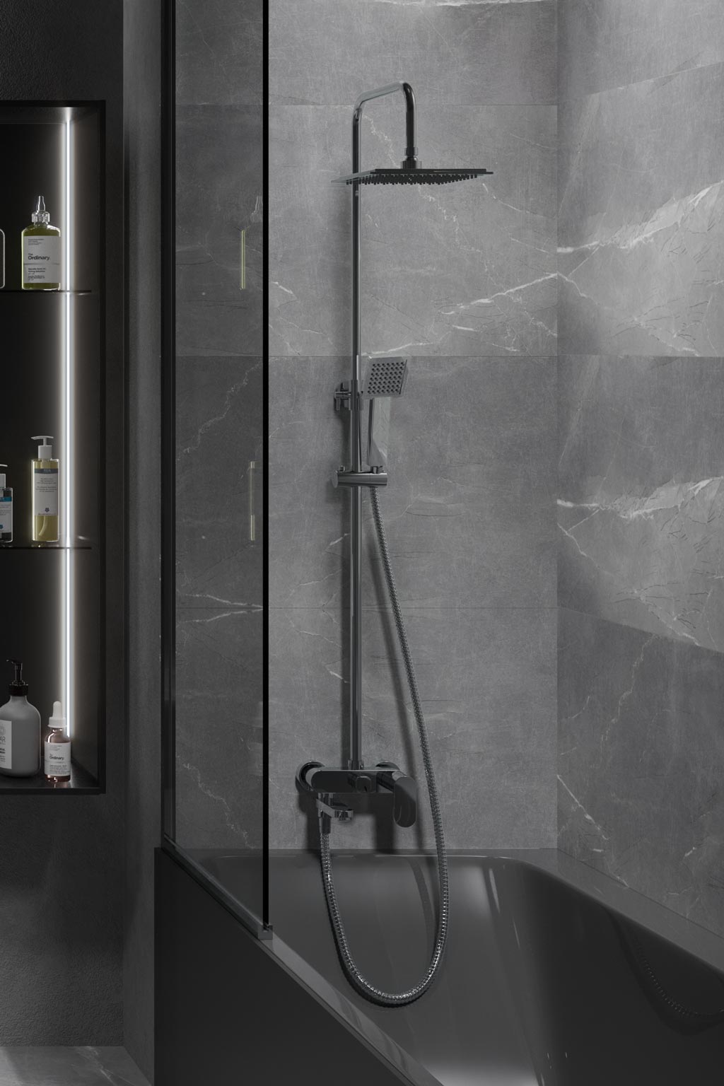 Душ колона с чучур Wind Blu SQ - Aquagrif, телескопична 95–150 см, месингов смесител и метална пита 25x25 см, KERANOVA