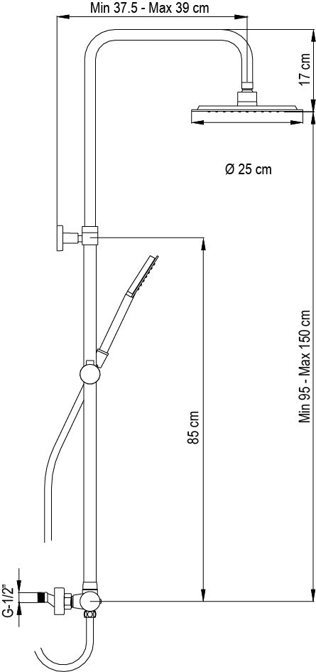 Душ колона с чучур Wind Blu - Aquagrif телескопична 95-150 см, месингов смесител, душ пита Ø25 см, онлайн магазин KERANOVA