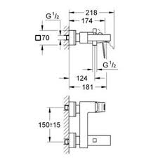 Стенен смесител за вана/душ Eurocube с хром GROHE, едноръкохватков, стенен монтаж, технически размери - KERANOVA онлайн магазин