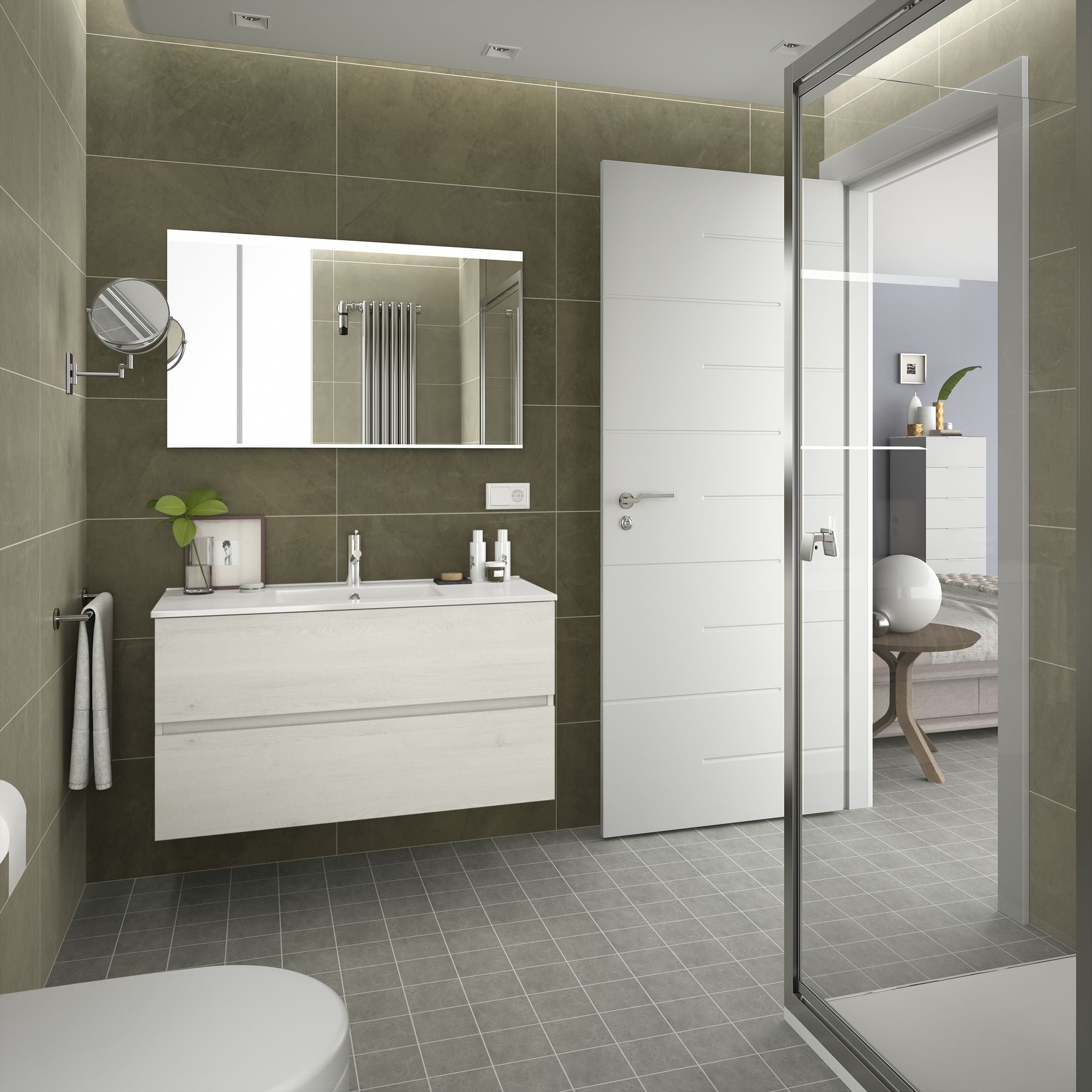 Серия Fussion Line 100 см. - 7 цвята бял окачен шкаф за баня с мивка и огледало - KERANOVA