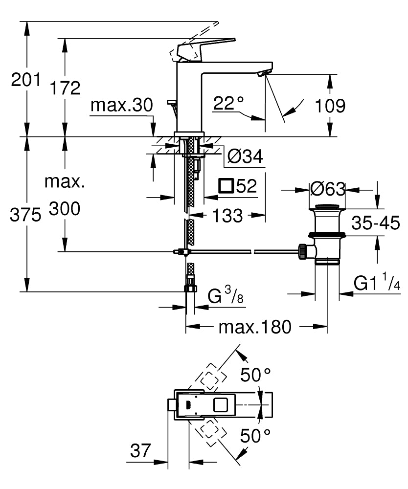 Смесител за мивка Grohe Eurocube M-size - brushed hard graphite, технически чертеж с размери и монтажни детайли за KERANOVA