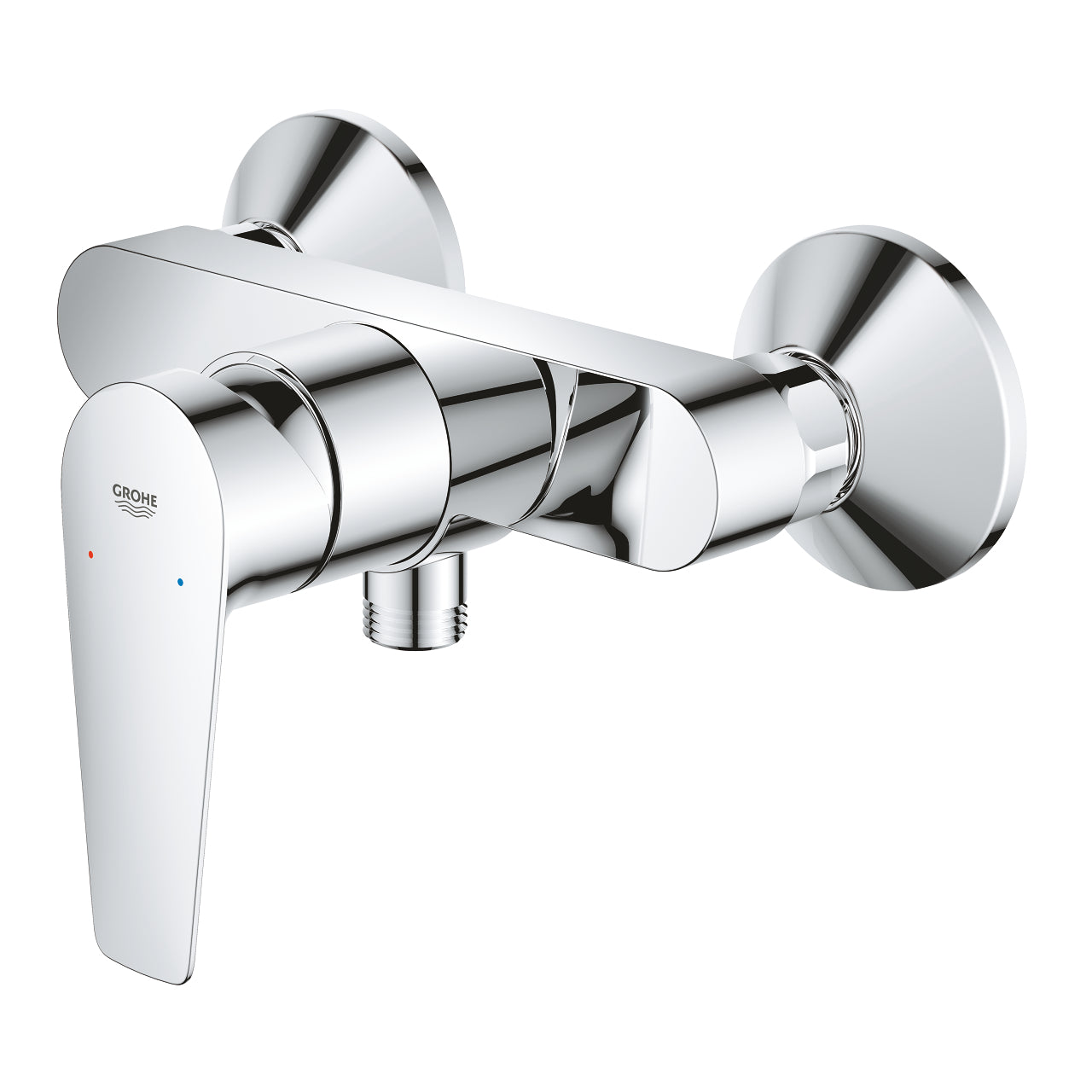 Стенен смесител за душ BauEdge Grohe хром, едноръкохватков, с температурен ограничител и вграден възвратен клапан - KERANOVA