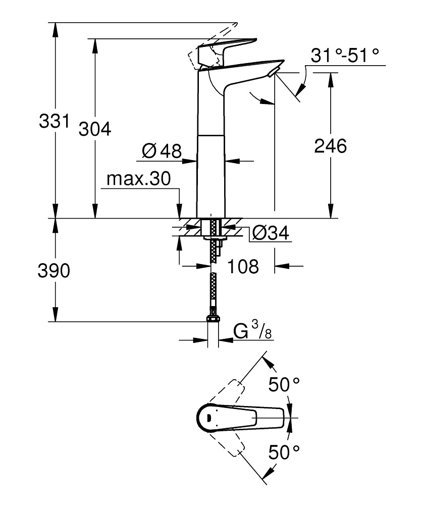 Смесител за мивка Grohe BauEdge XL-size диаграма с размери и ъгли за монтаж, високо тяло, G3/8 връзка, KERANOVA онлайн магазин