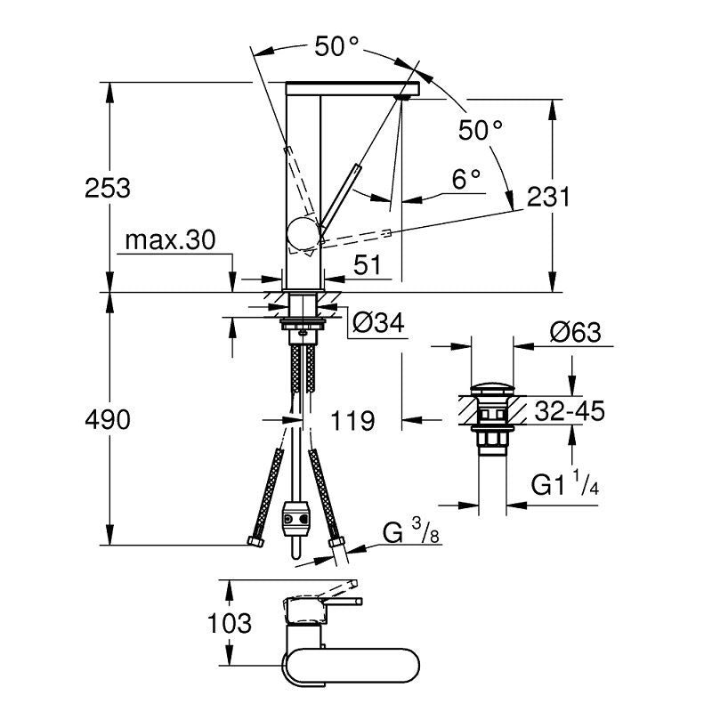Смесител за мивка Grohe Plus L-size - изтеглящ с технически размери и монтажна схема за онлайн магазин KERANOVA