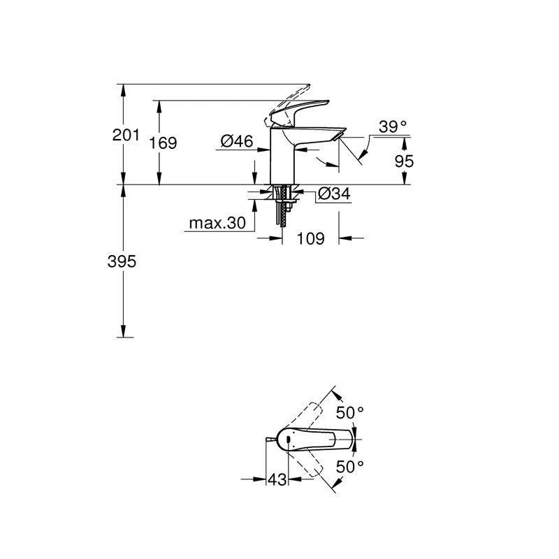 Смесител за мивка Eurosmart New Matt Black S-size схема с размери и 95 мм изтичане за онлайн магазин KERANOVA