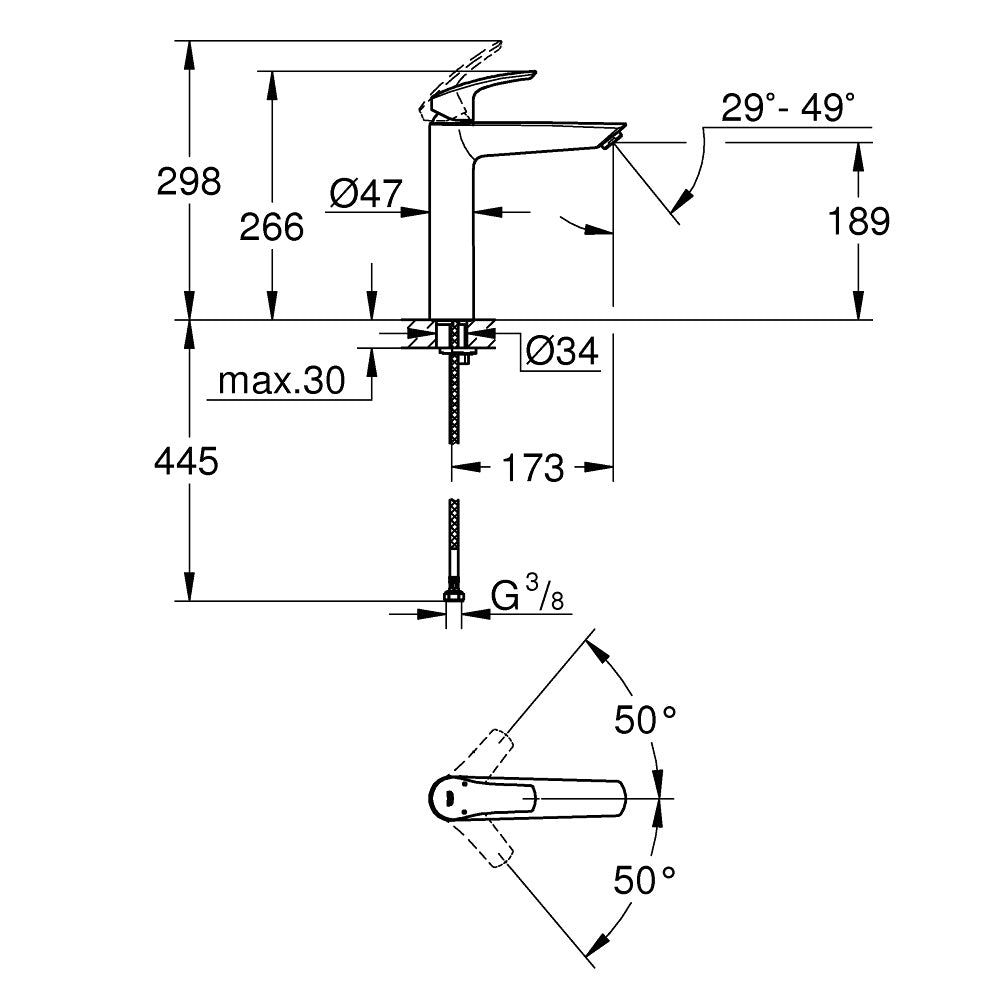 Смесител за мивка Grohe Eurosmart New 2021 XL-size - технически чертеж с размери и ъгли за монтаж, онлайн магазин KERANOVA