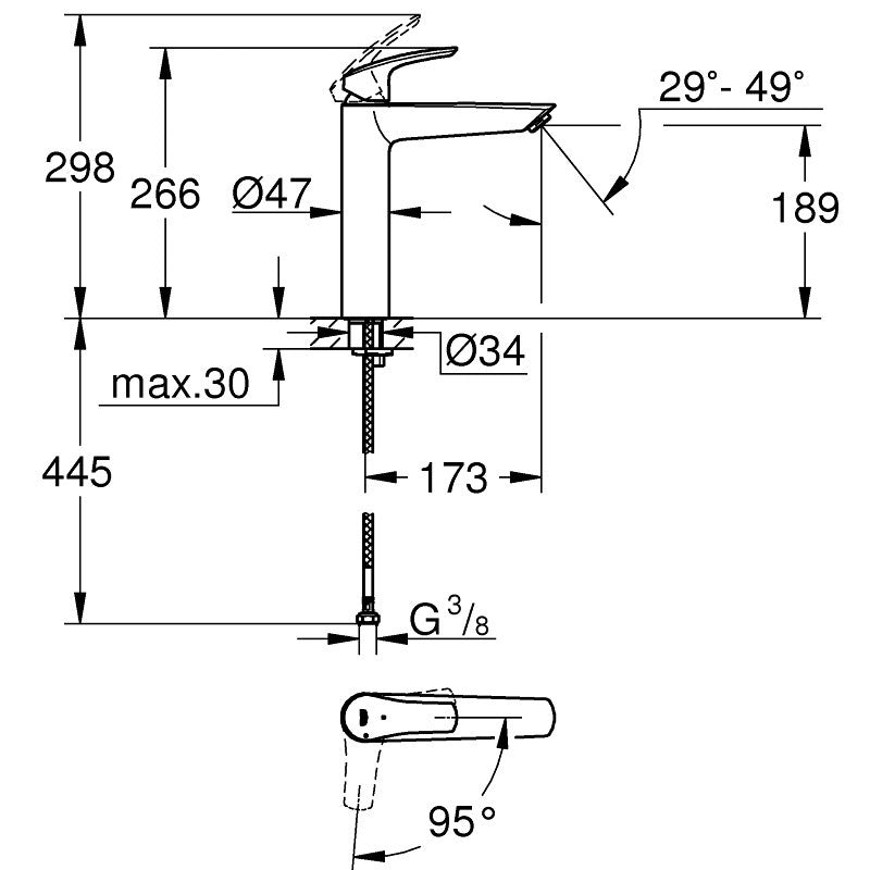Смесител за мивка Grohe Eurosmart New Matt Black XL-size - технически чертеж с размери и 95° размах на ръкохватката за KERANOVA