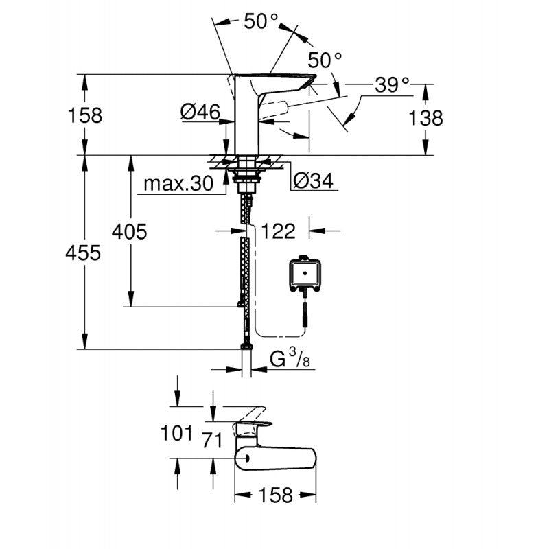 Смесител за мивка с фотоклетка Grohe Eurosmart Matt Black - монтажни размери и схема, онлайн магазин за бани KERANOVA