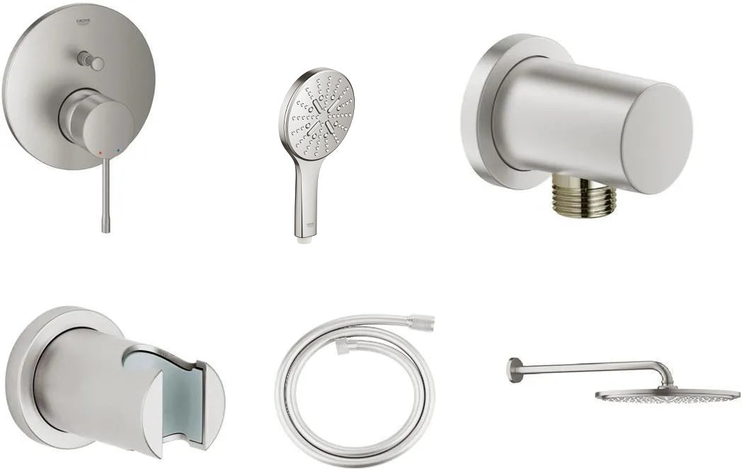 Вграден комплект Grohe Essence - supersteel вграден душ комплект с едноръкохватков смесител, ръчен и горен душ, метални розетки – KERANOVA
