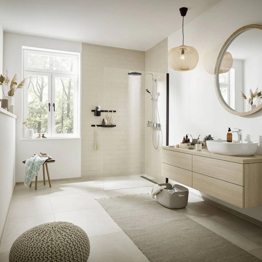 Hansgrohe Душ система Pulsify S260 2jet Matt Black в модерен баня дизайн от KERANOVA, стенен монтаж, 260 мм душ пита, матово черно