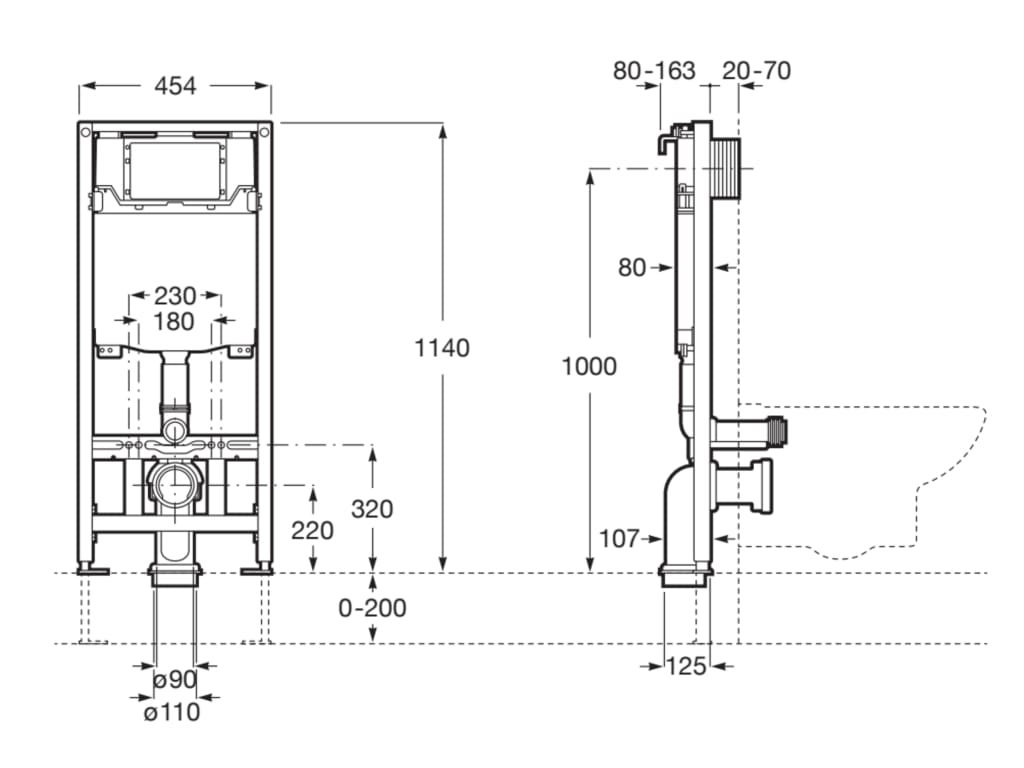 Комплект Active + Debba Rimless, Square - Roca технически чертеж на структура за вграждане с размери за монтаж - KERANOVA онлайн магазин
