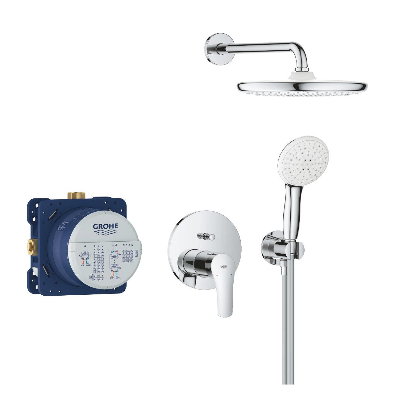 Вграден комплект Grohe Eurosmart Tempesta 250 - комплект за вграждане за баня с душ пита, ръчен душ и Rapido SmartBox | KERANOVA