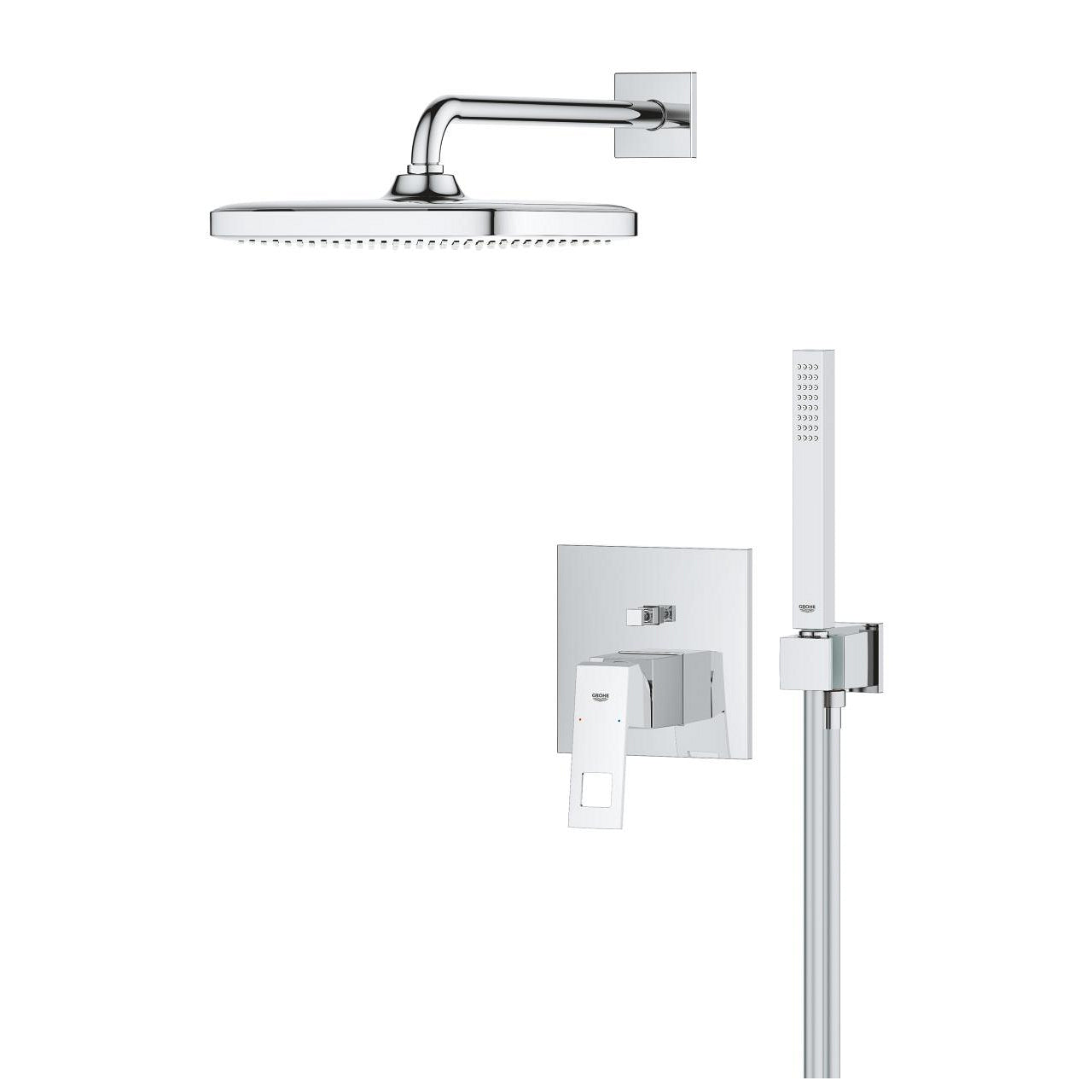 Вграден комплект Grohe Eurocube душ набор с хоризонтално рамо, квадратно студено хромирано тяло и ръчен душ – онлайн магазин за бани KERANOVA