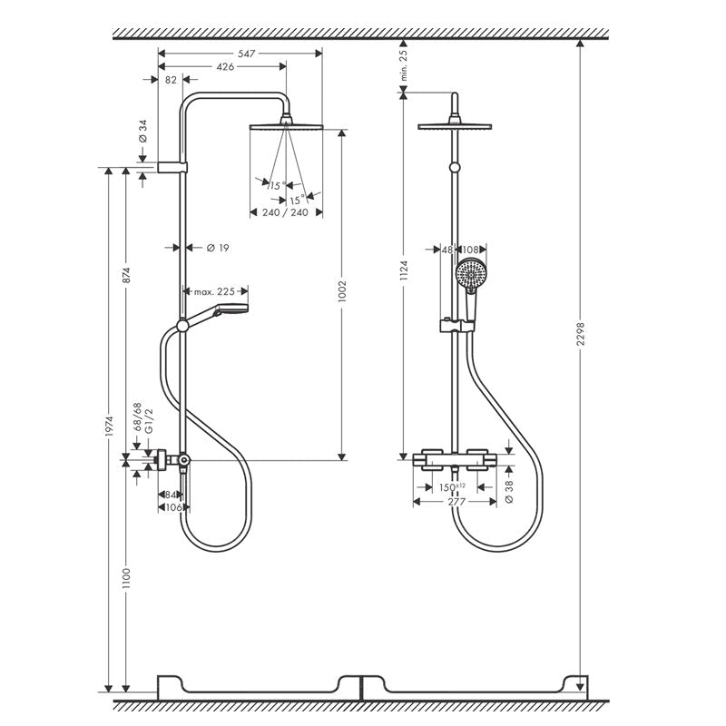 Hansgrohe Душ система Vernis Shape black matt - технически чертеж с размери и монтажни детайли за душ система, онлайн магазин KERANOVA