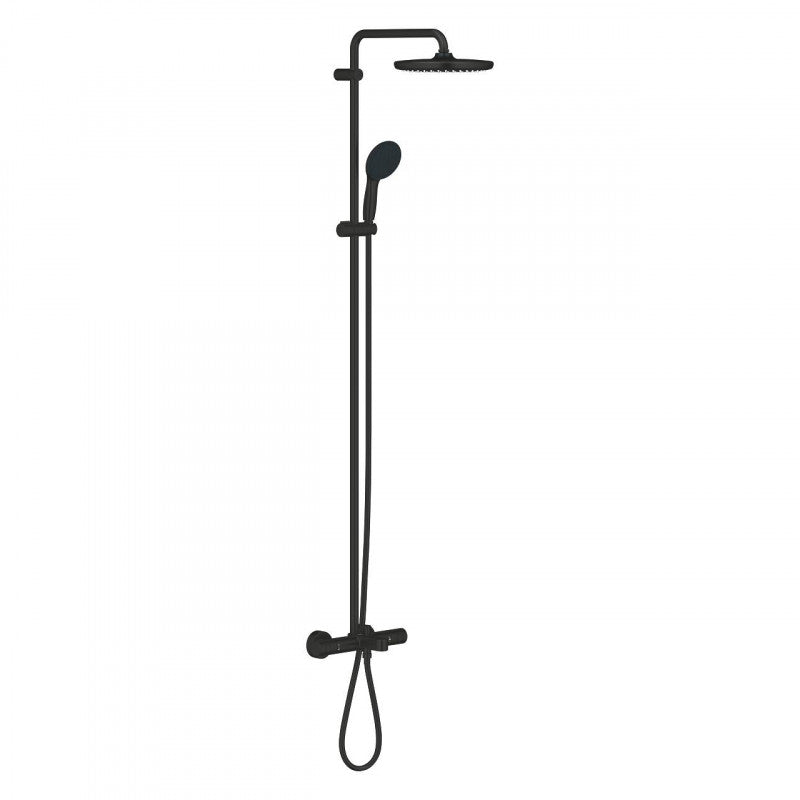 Душ система с чучур Grohe Tempesta 250 Matt Black – матово черен комплект с душ глава Rain, ръчен душ и термостатен смесител | KERANOVA