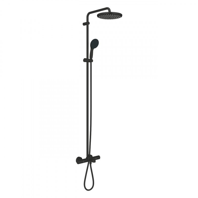 Душ система с чучур Grohe Tempesta 250 Matt Black - матово черен комплект с термостат, душ глава Rain и ръчен душ | KERANOVA