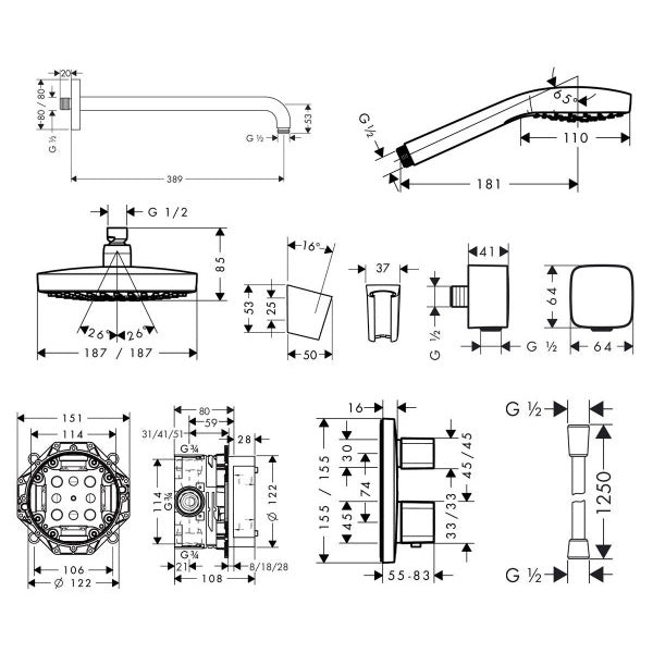 Hansgrohe Design Душ комплект Croma Select E Душ система за вграждане с термостат 27294000 – технически чертеж и размери за монтаж от KERANOVA