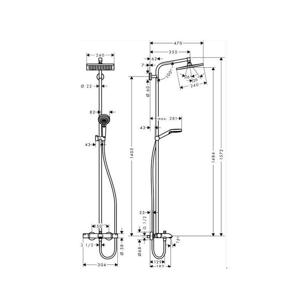 Hansgrohe Душ система с чучур Crometta E 240 1jet технически чертеж с размери за онлайн магазин KERANOVA