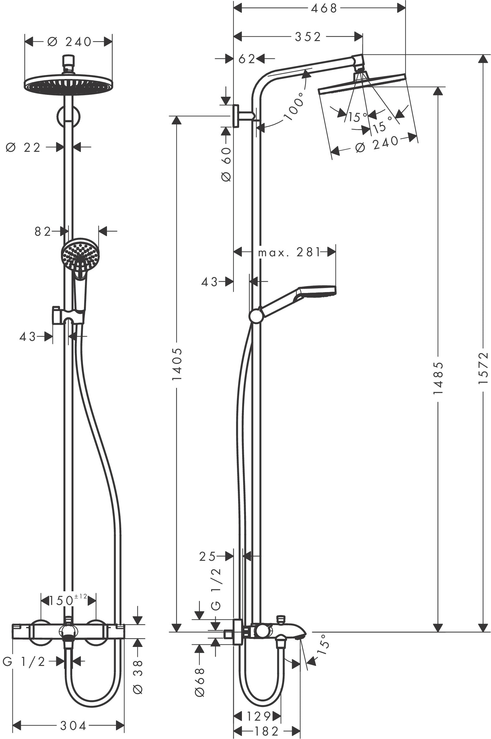 Hansgrohe Душ система с чучур Crometta S 240 - технически чертеж на душ колона с дъждовна пита и термостатичен смесител за баня KERANOVA