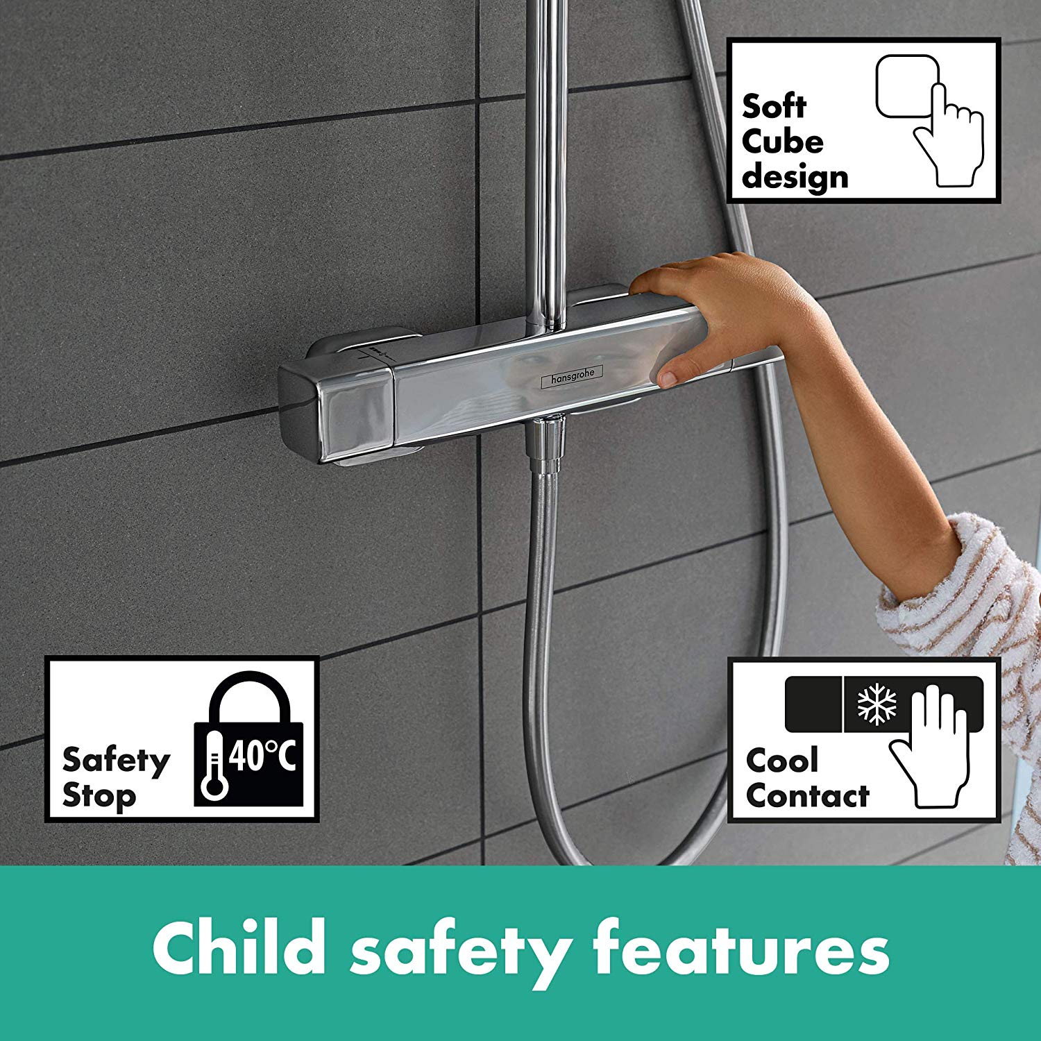 Hansgrohe Душ система Crometta E 280 хром термостат с детска защита, Safety Stop 40°C и Soft Cube дизайн - KERANOVA