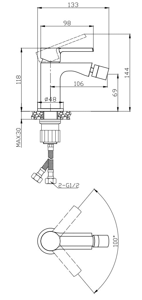 Смесител за биде Tati технически чертеж с размери и монтажни детайли за онлайн магазин KERANOVA
