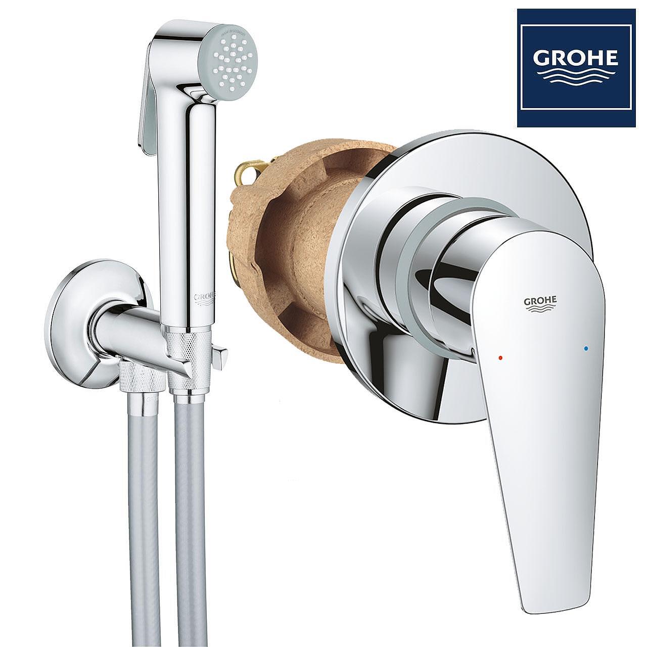 Хигиенен комплект Bauedge OHM Grohe - вграден смесител с ръчен душ и стенен държач за баня KERANOVA