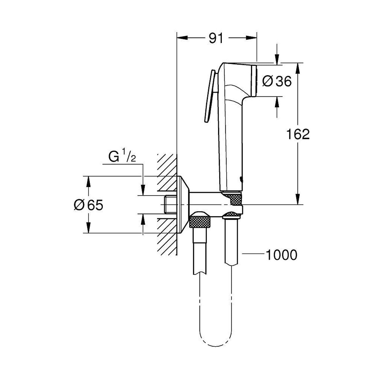 Хигиенен комплект Bauedge OHM Grohe технически чертеж с размери и монтажен разрез за онлайн магазин KERANOVA