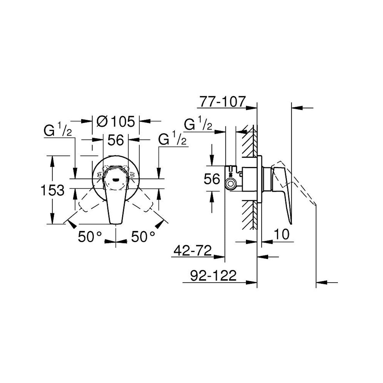 Хигиенен комплект Bauedge OHM Grohe - технически чертеж с размери и монтажни указания за душов смесител, онлайн магазин KERANOVA