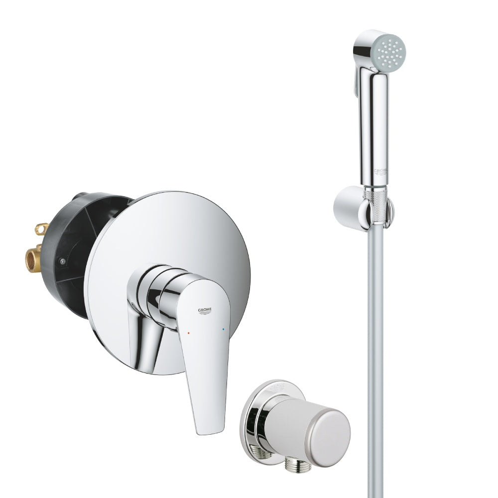 Хигиенен комплект Bauedge OHM Grohe смесител за вграждане с метална ръкохватка и стенен душ, хромирано покритие за баня KERANOVA
