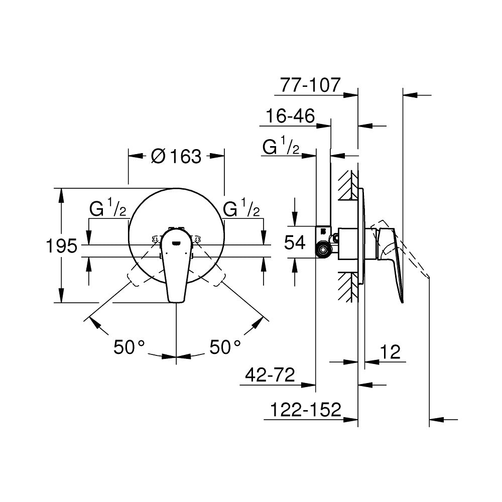Хигиенен комплект Bauedge OHM Grohe - технически монтажни размери и схема за стенен смесител, KERANOVA онлайн магазин