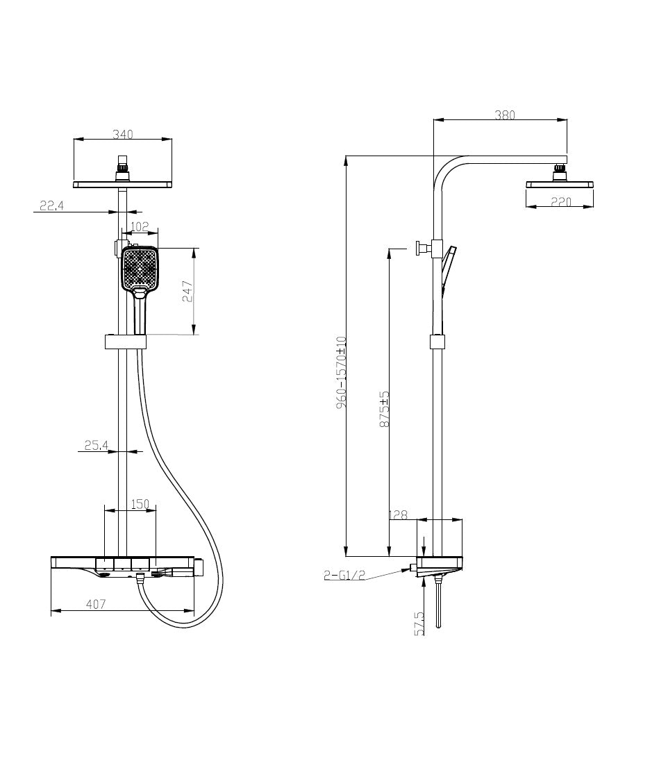 Душ колона с чучур Majestic - технически чертеж с размери, телескопична душ колона ICT 6703MB за онлайн магазин KERANOVA