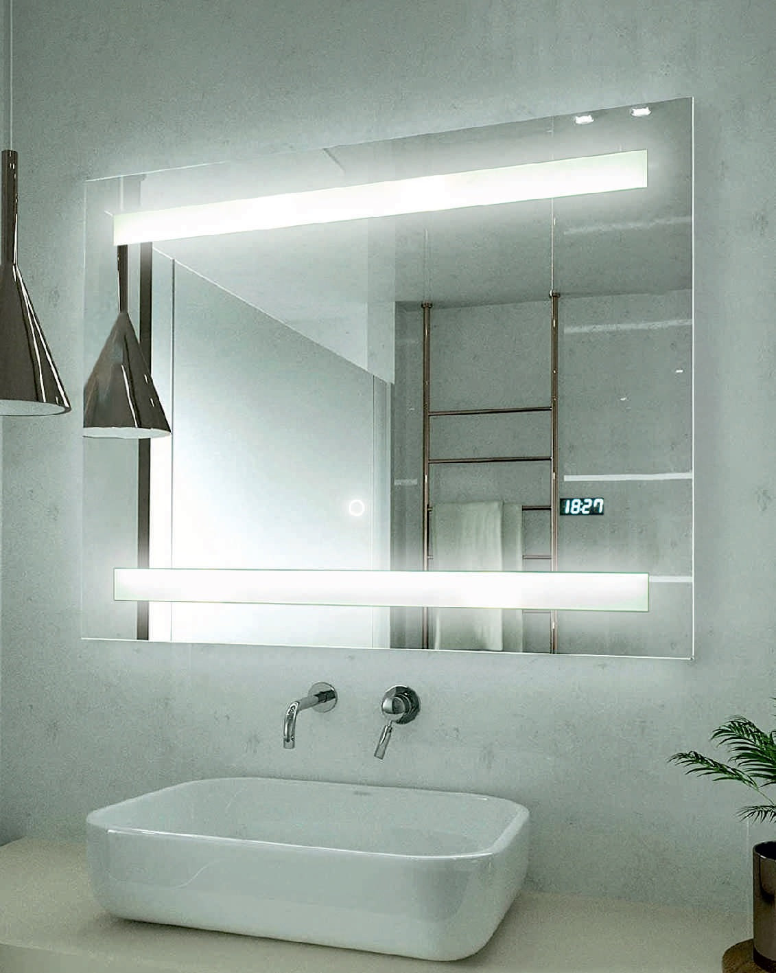 Огледало с осветление 80х60 см. за баня с LED, touch, часовник и нагревател против замъгляване – онлайн магазин KERANOVA