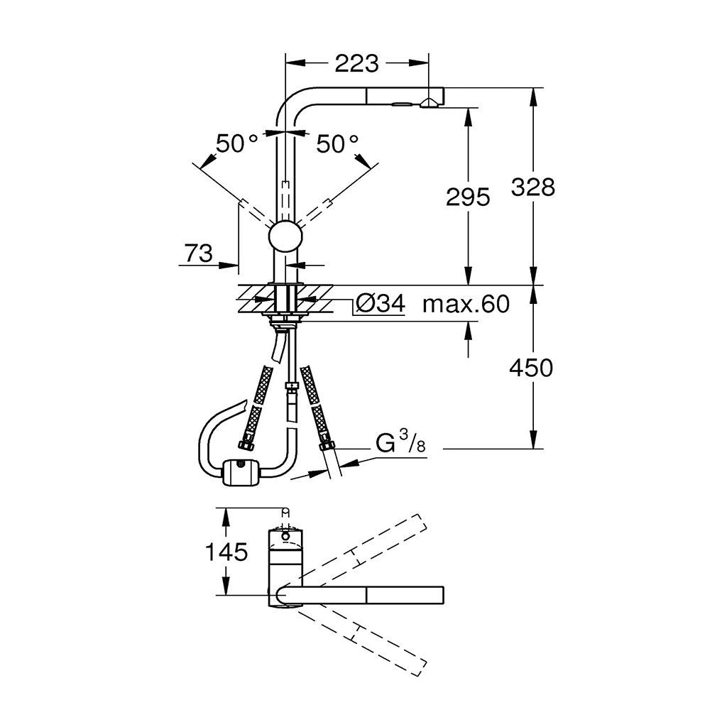 Кухненски смесител Grohe Minta - изтеглящ технически чертеж с размери и монтажни детайли за онлайн магазин KERANOVA