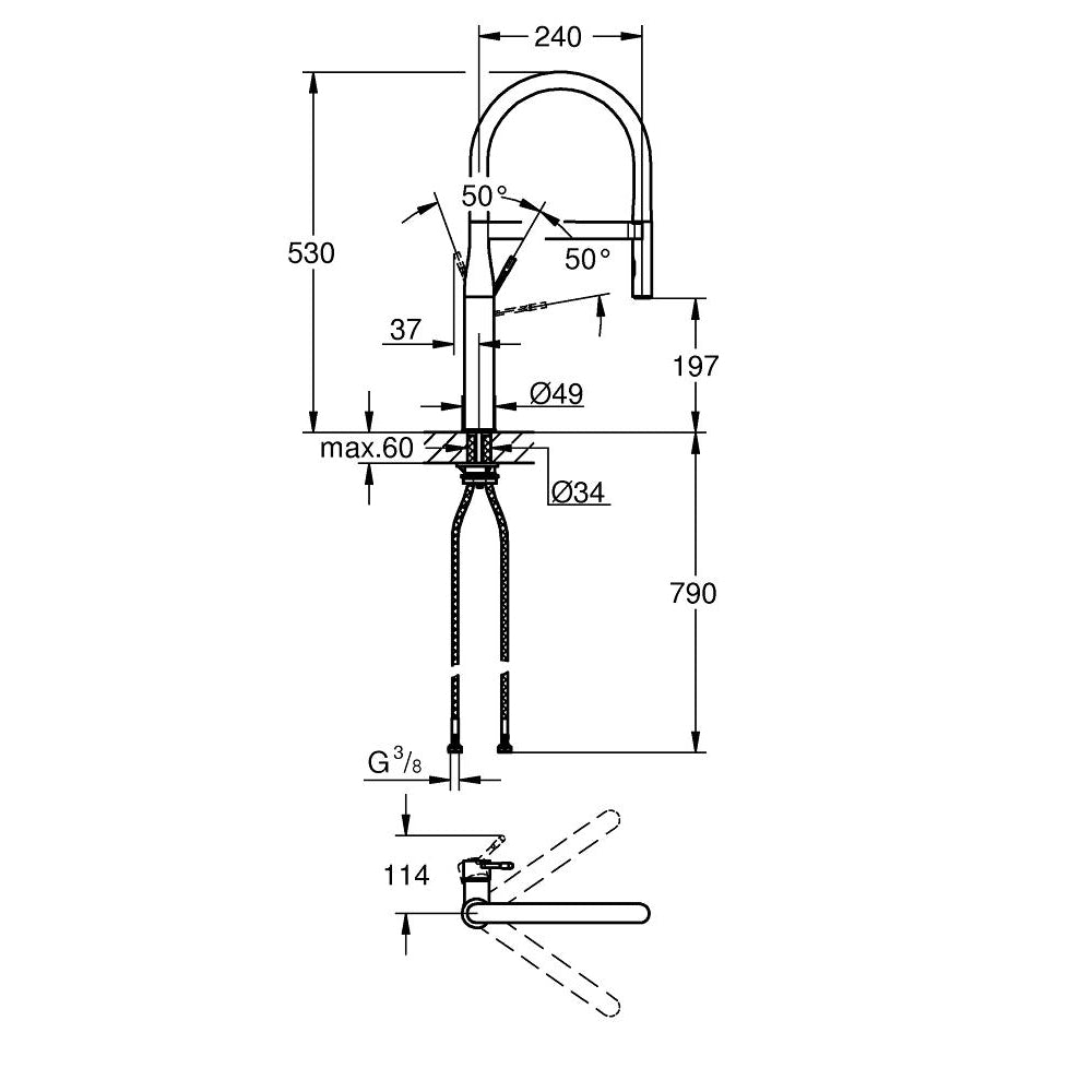 Кухненски смесител Grohe Essence с професионален подвижен чучур GROHE Flex и размери/схема, онлайн магазин KERANOVA