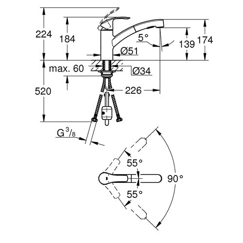 Кухненски смесител Eurosmart 2015 - изтеглящ: технически чертеж с размери и обхват на движение за онлайн магазин KERANOVA