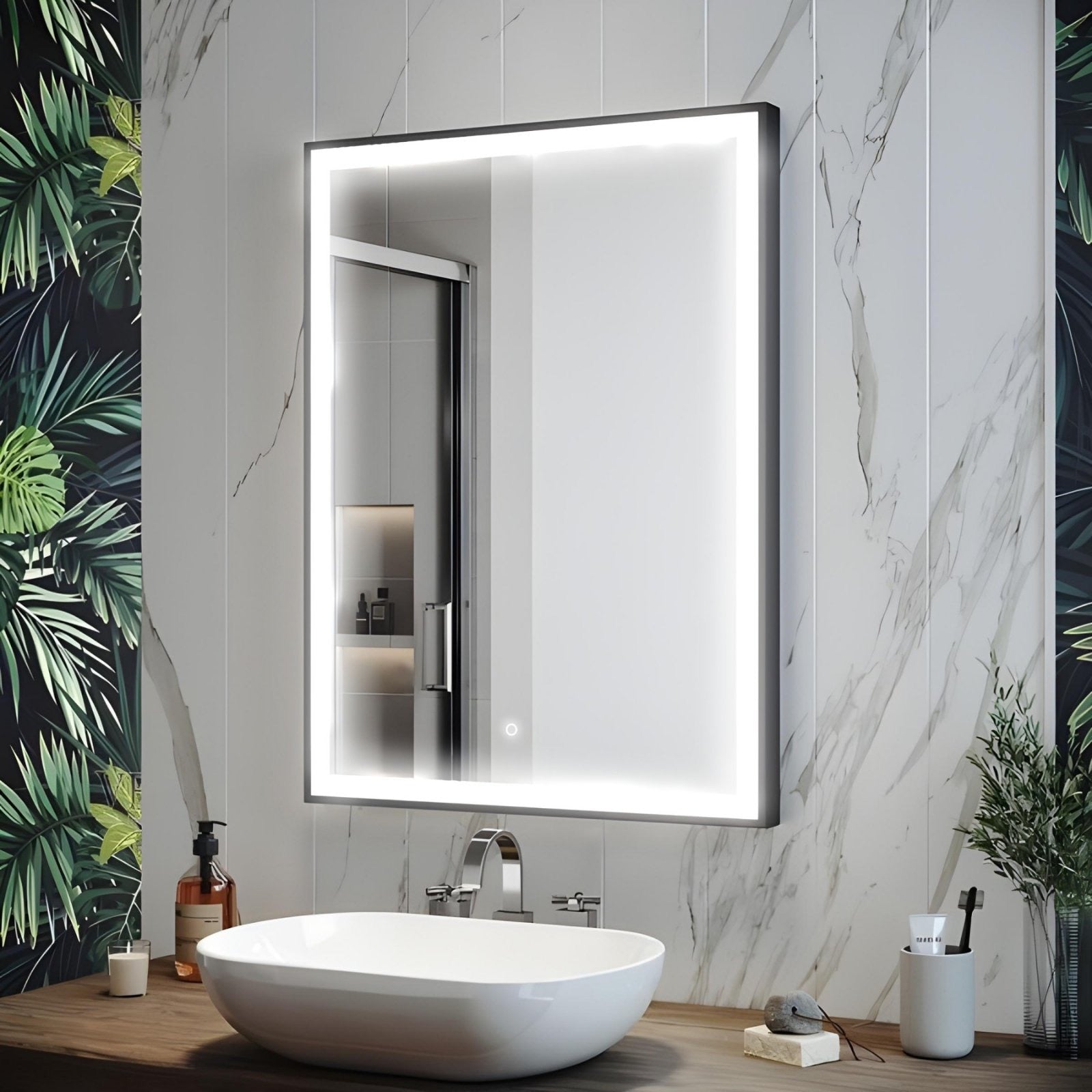 Огледало с осветление 3044A Black 60х80 см. – черно LED огледало за баня с touch, нагревател против замъгляване, онлайн магазин KERANOVA