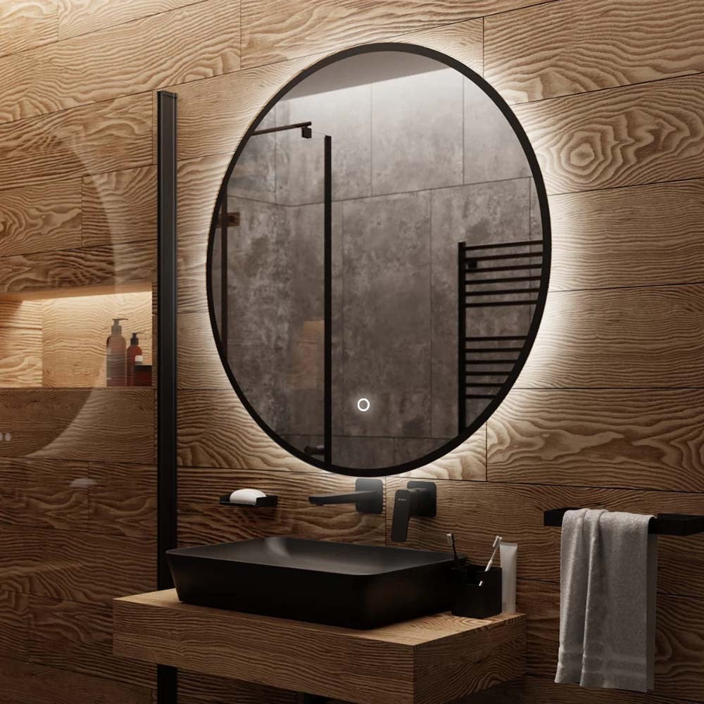 Огледало с осветление 3045C Black Ф80 см. - кръгло баня огледало с LED, черна алуминиева рамка, touch управление, обезмъгляване - KERANOVA