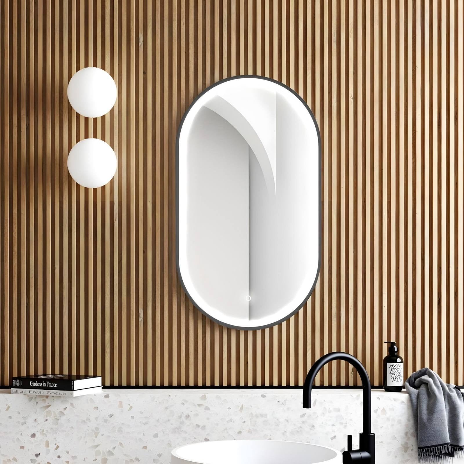 Огледало с осветление 3048 Black 60х90 см. - черно алуминиево огледало за баня с LED, Touch, нагревател против замъгляване, KERANOVA онлайн магазин