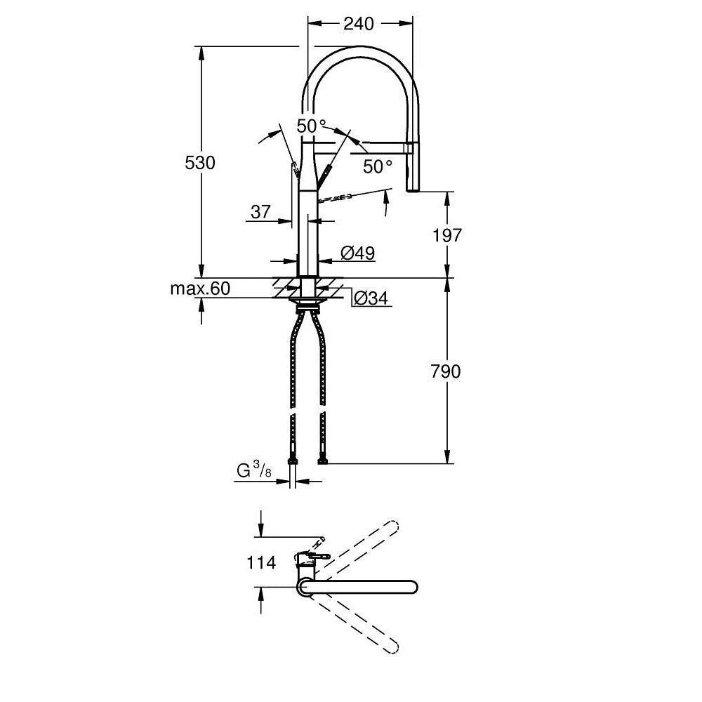 Кухненски смесител Grohe Essence Phantom Black - технически чертеж с размери и монтажни данни, височина 530/790 мм, въртящ чучур 360°