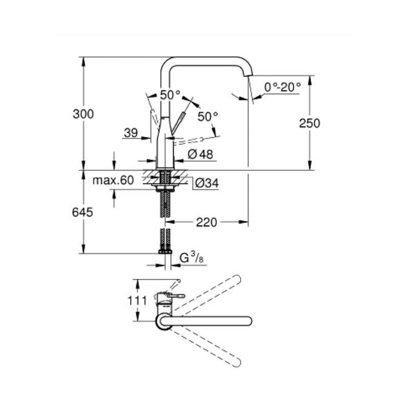 Кухненски смесител Grohe Essence Phantom Black - технически чертеж с размери и ъгли на монтаж, онлайн магазин KERANOVA